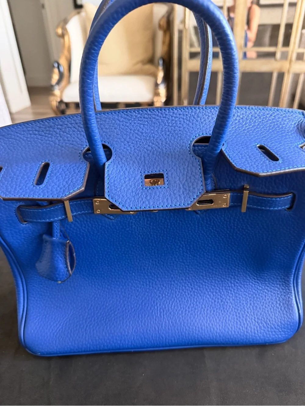 Classic Blue Pebbled Leather Top-Handle Satchel with Gold-Tone Hardware
